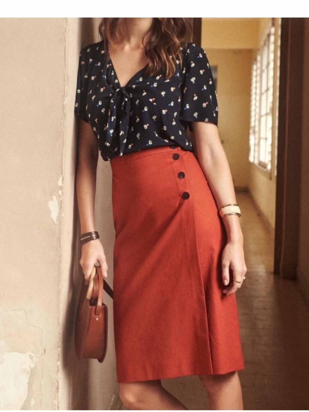 Sézane Maisie skirt Cotton Linen Side Button red Jupe 34 XS